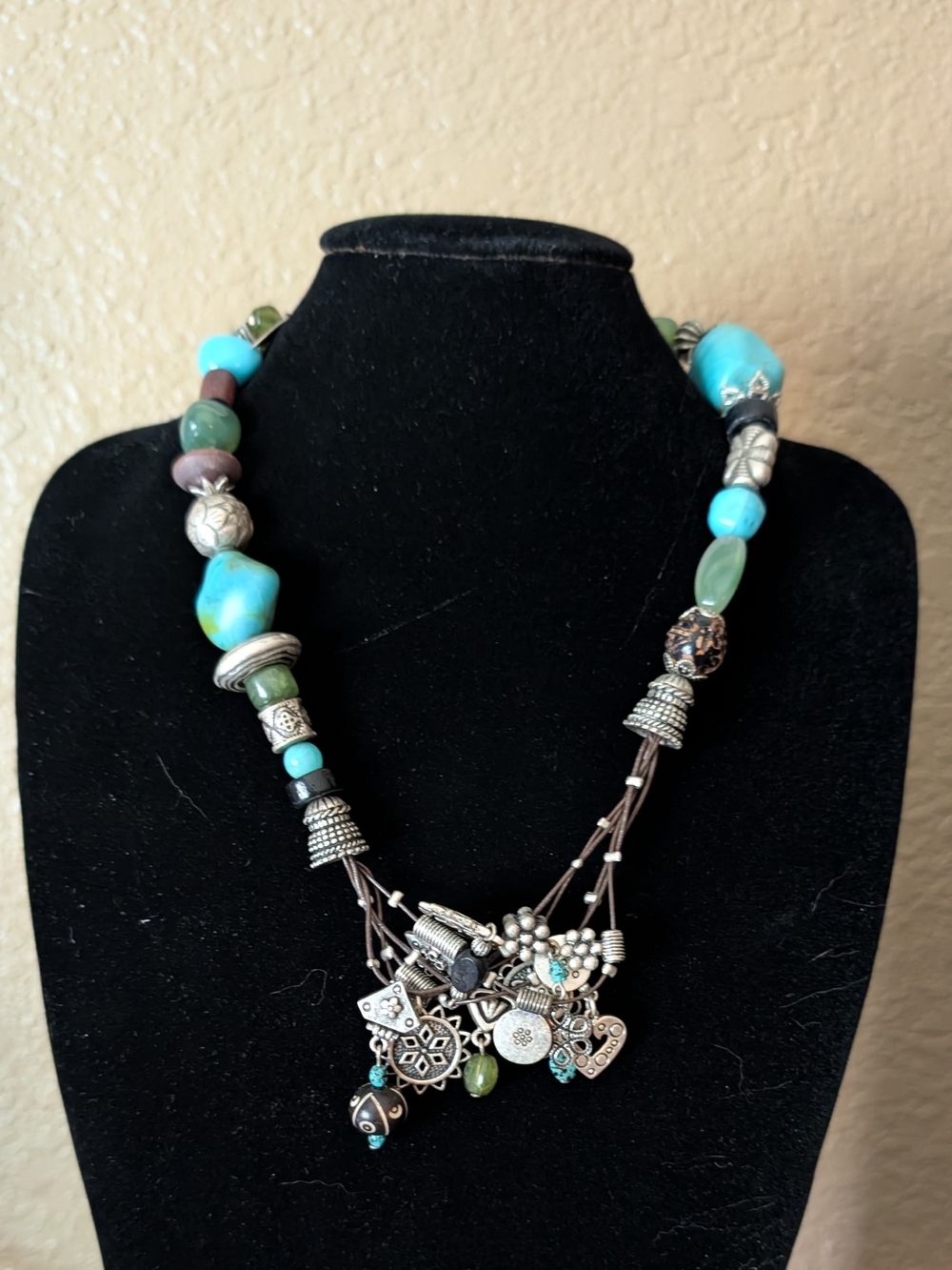 Coldwater Creek Turquoise,Silver and Green Beaded Boho Charm Necklace-Like New!
